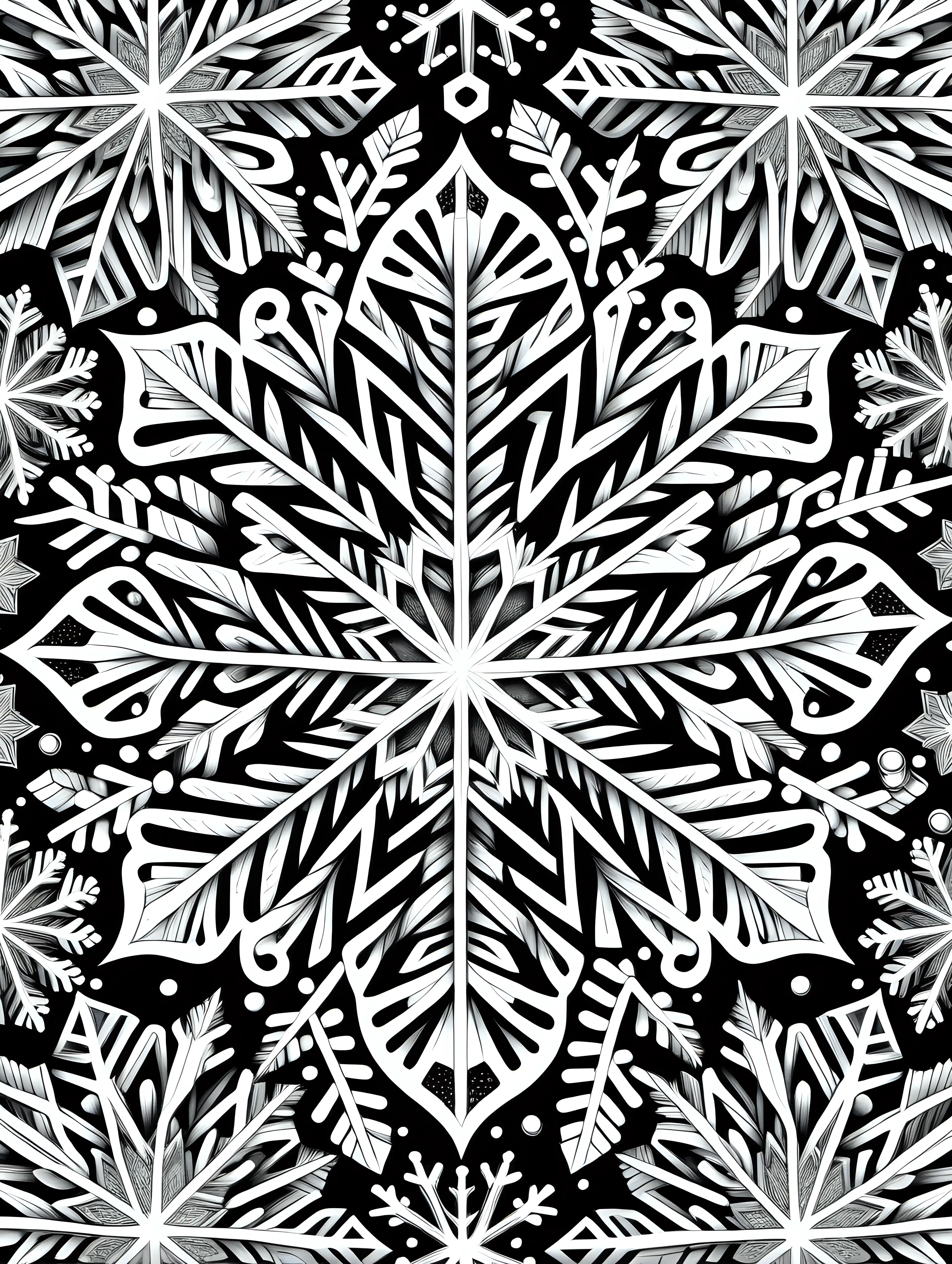 Intricate, detailed, clean black and white, 2D vector coloring page for adults, of 100 snowflakes, vary sizes and shapes, white background