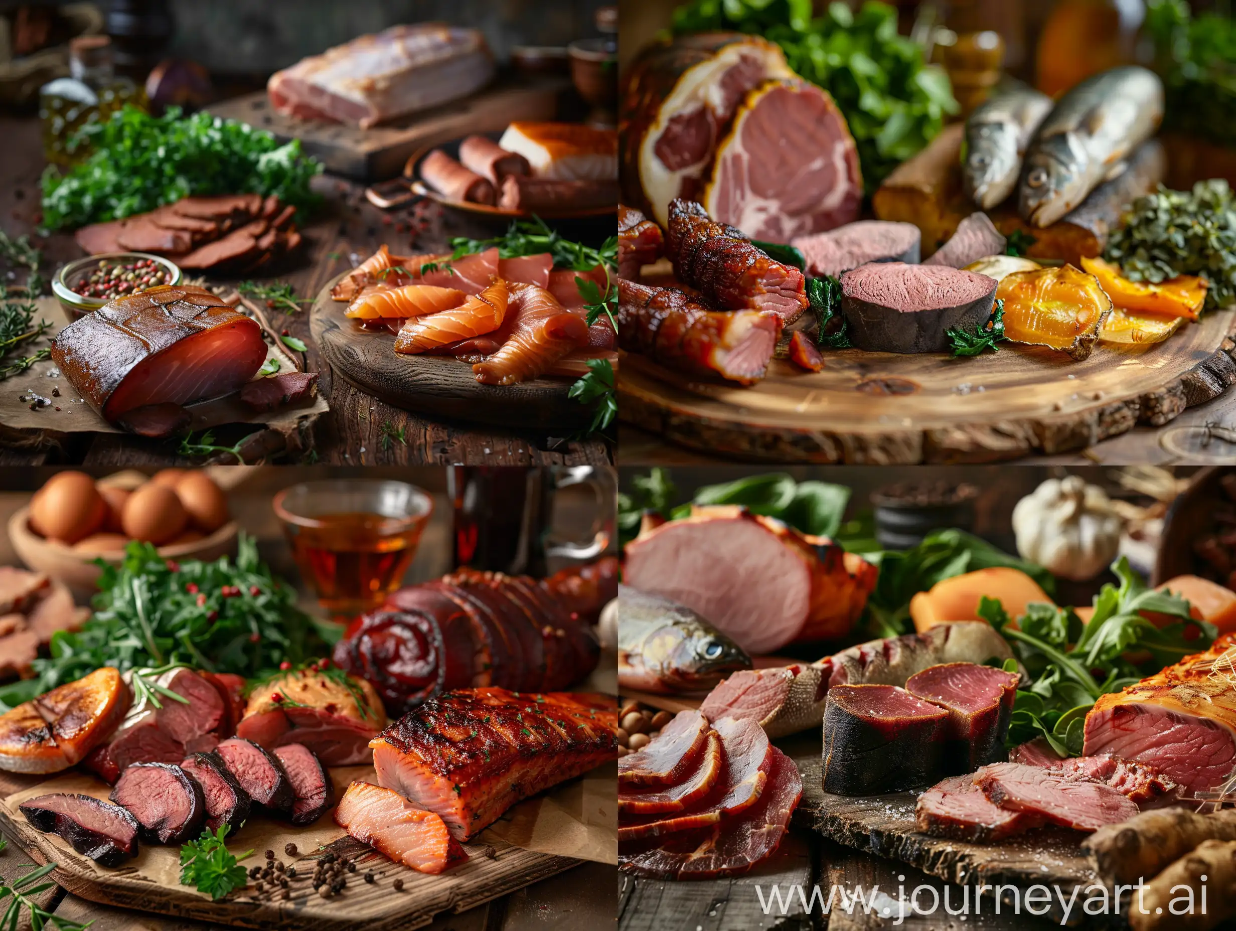 Homemade-Smoked-Products-on-Rustic-Table-with-Fresh-Greens-Photorealistic-CloseUp