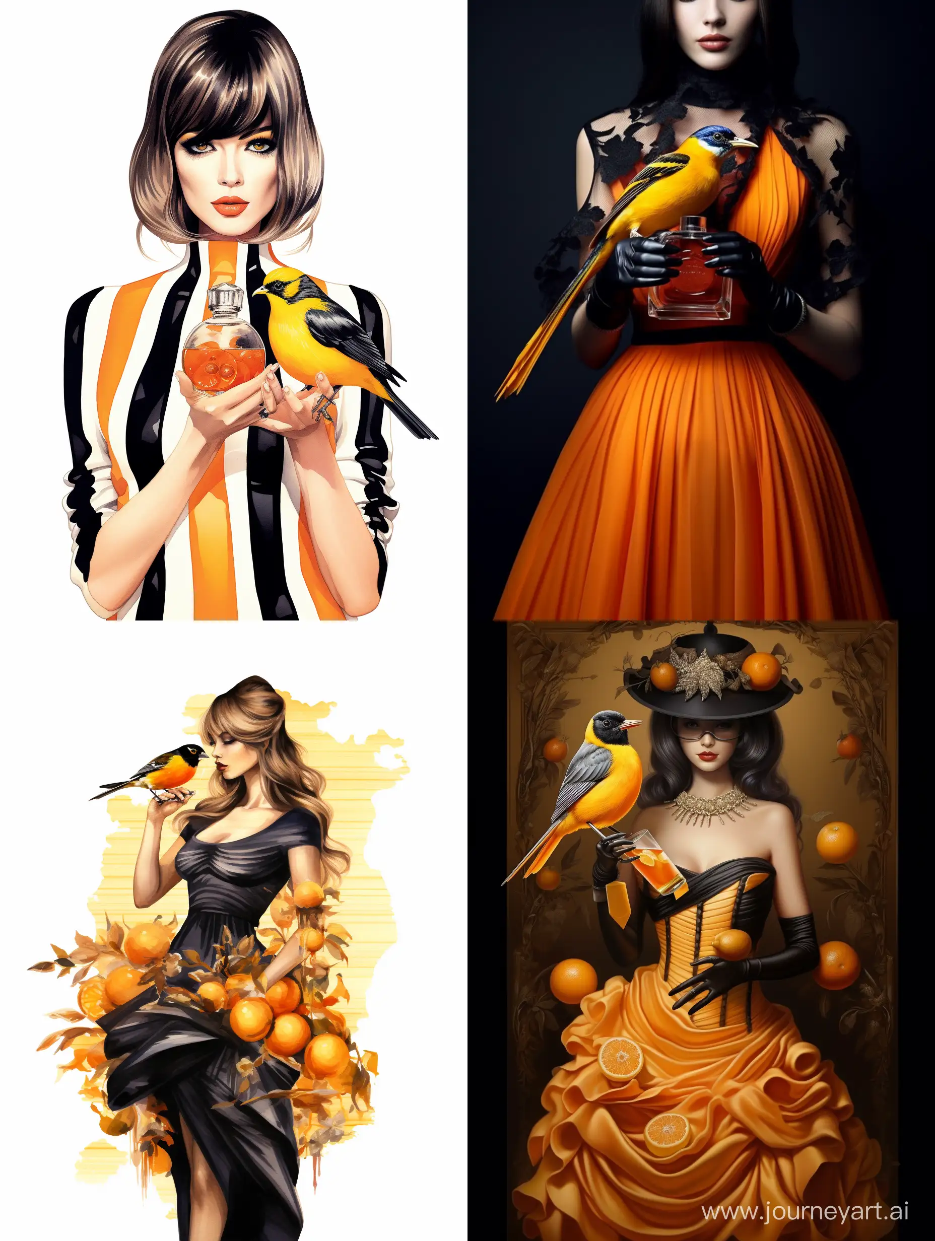 Cool fashion Baltimore oriole bird! and holding a beautiful bottle of perfume!!! in her hands