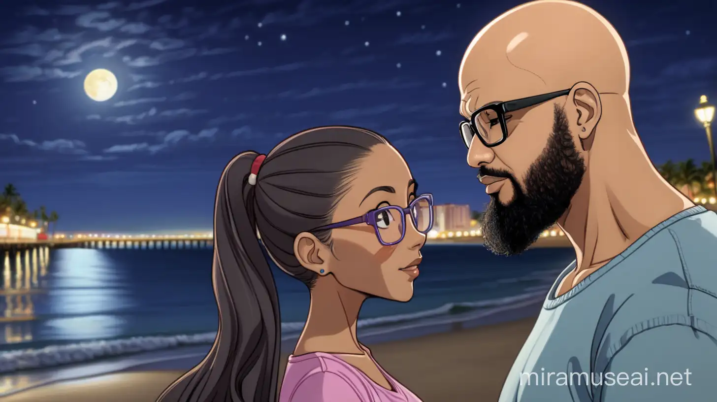 34 year old Puerto Rican bald man, with a lean build, black beard, black glasses, falling in love with a 52 year old Filipina woman with long wavy hair, in a ponytail wearing a cap, looking at each other, in a anime episode, on TV, walking on the boardwalk near a beach, at night under the moonlight