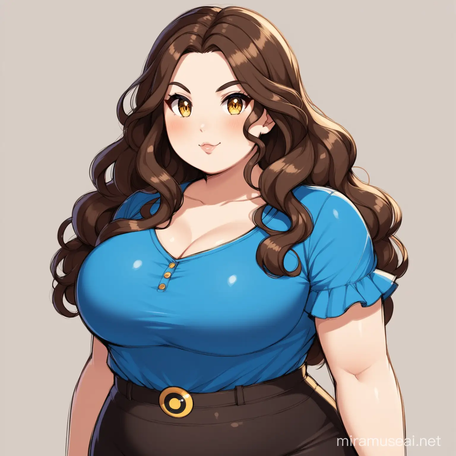 Plus sized woman, pokemon style, dark brown wavy hair, golden eyes, blue blouse
