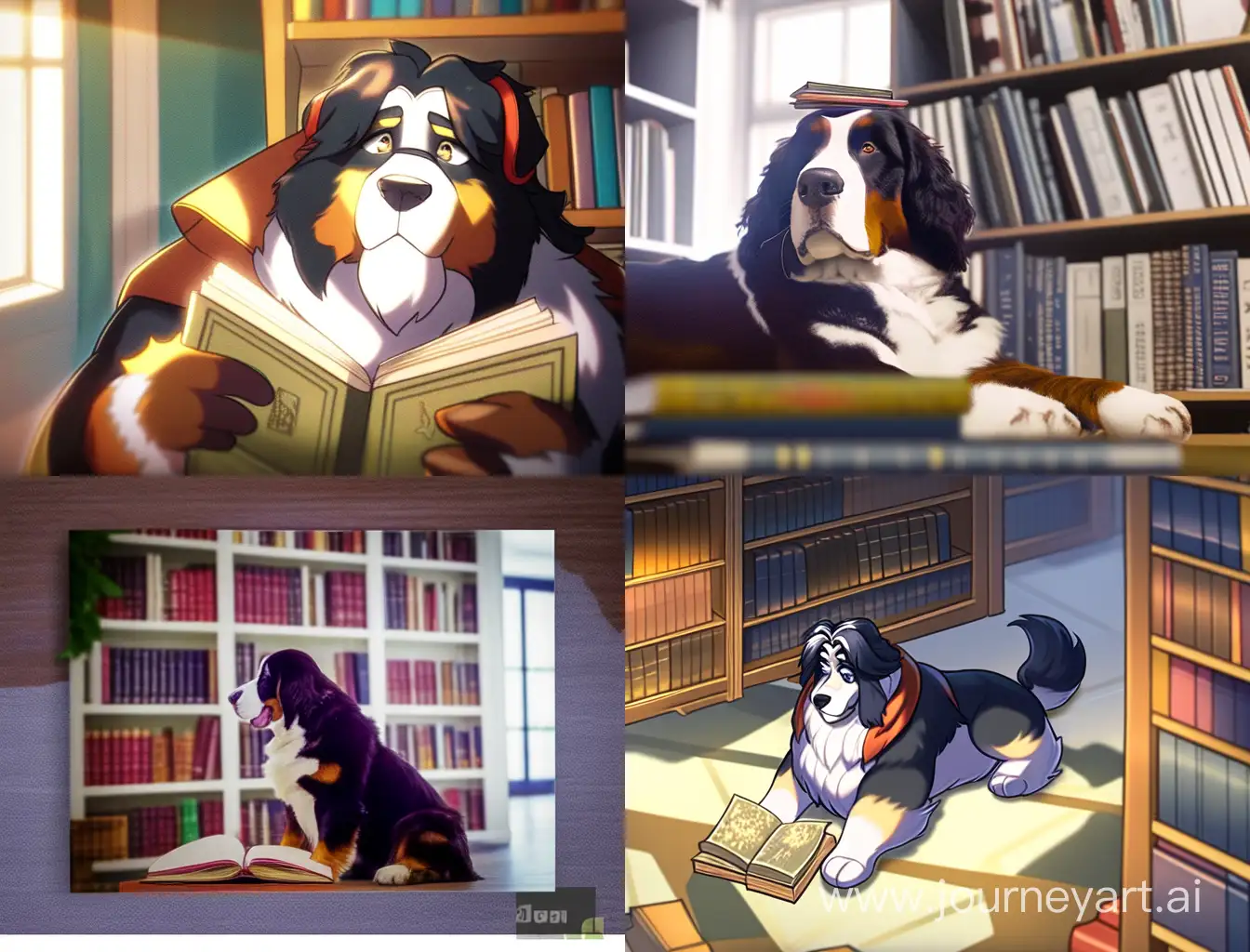 Intelligent-Bernese-Mountain-Dog-Engrossed-in-Library-Reading