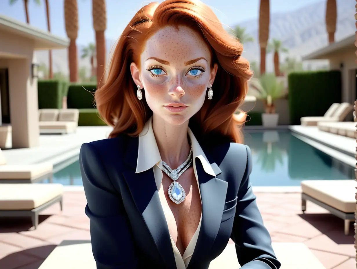 Create 40 Laura Jolie, year old pretty woman that have freckles, one looks, she have blue eyes, business suits, high fashion look. Makeup. Power pose. Location is Incredible Villa in Palm Springs. She sits by the pool. Diamond jewelry on her neck. Close-shot. 