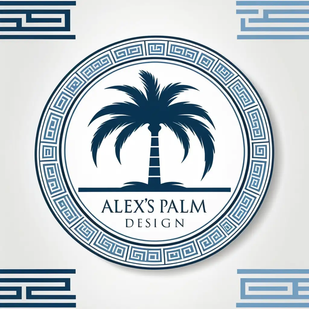 Create a business logo for "Alex's Palm Design" using Greek white and Blue include greek key border