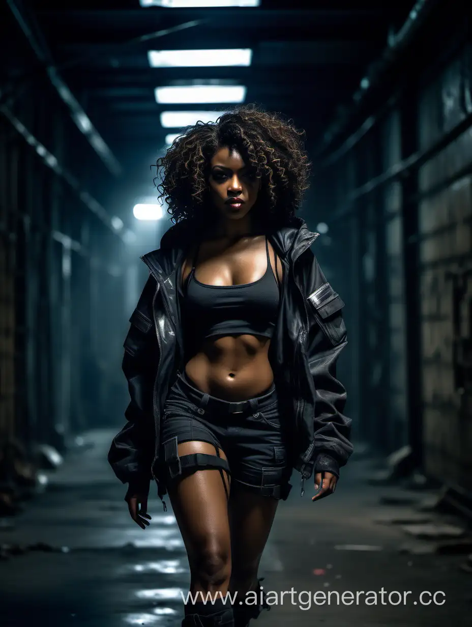 Dystopian future fashion, cyberpunk, attractive young adult black girl, big curly hair, muscular thick body, walking towards camera, walking through dark dimly lit industrial corridor, dark tank top, baggy tactical jacket, hood up, smirking Jaz Sinclair face, sexy walk, cinematic shot