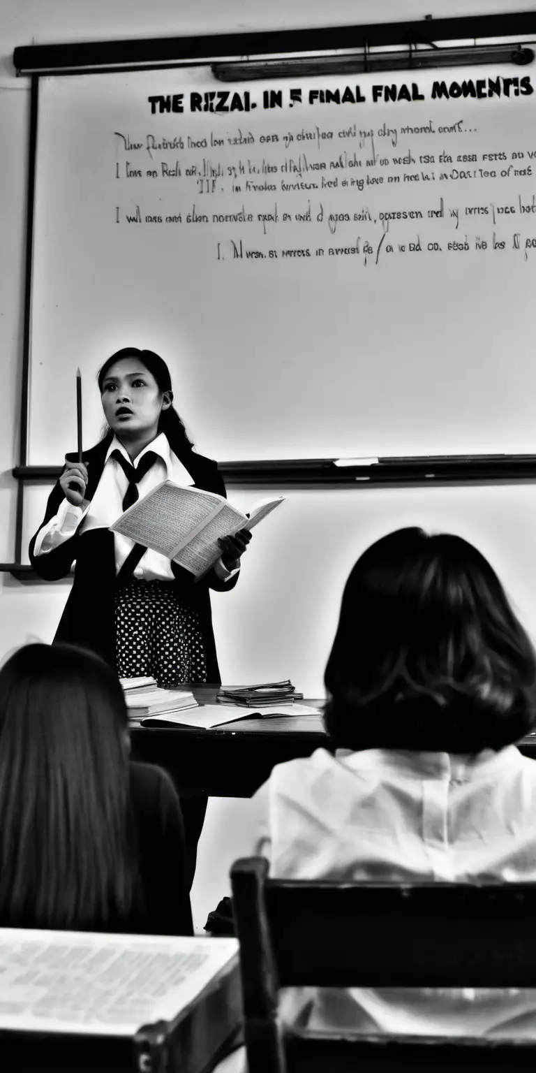 The female teacher in her 30s narrates Rizal's final moments as students listen intently. In history classroom day.