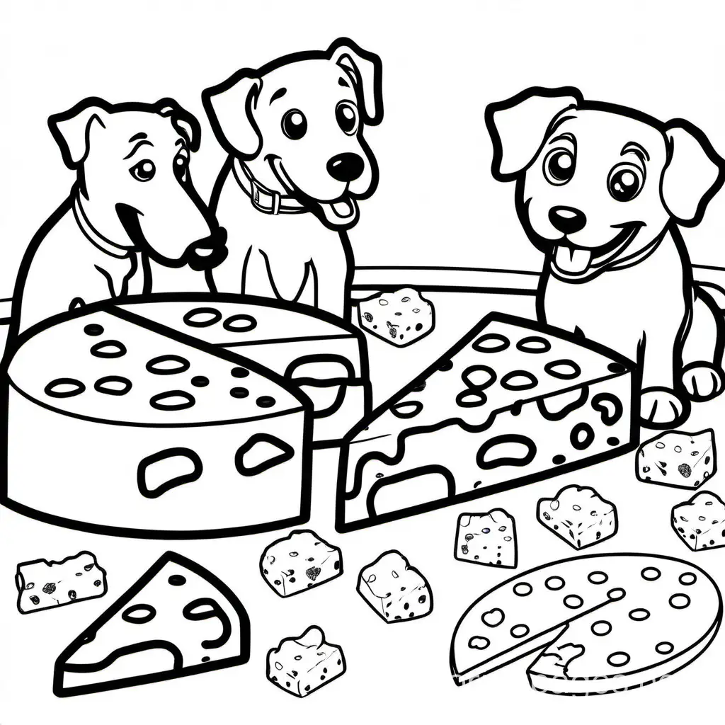 Doggies getting into cheese and eating it up , Coloring Page, black and white, line art, white background, Simplicity, Ample White Space. The background of the coloring page is plain white to make it easy for young children to color within the lines. The outlines of all the subjects are easy to distinguish, making it simple for kids to color without too much difficulty