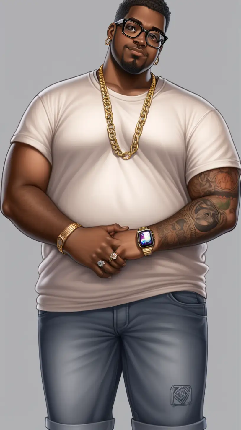 Full body scope. Spanish dark skin Black man. big and tall curvy man. ghetto nerd with no mustache and goatee, has some arm tattoos and has a nose ring. Has a warm heart. loves anime. Wears a smart watch on right wrist, simple gold chain, square glasses and an eternity diamond wedding band on finger.