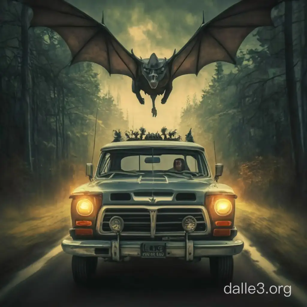 four boys escape in a pick-up along a road in the woods, followed by a demon with horns and bat-like wings that flies high in the sky