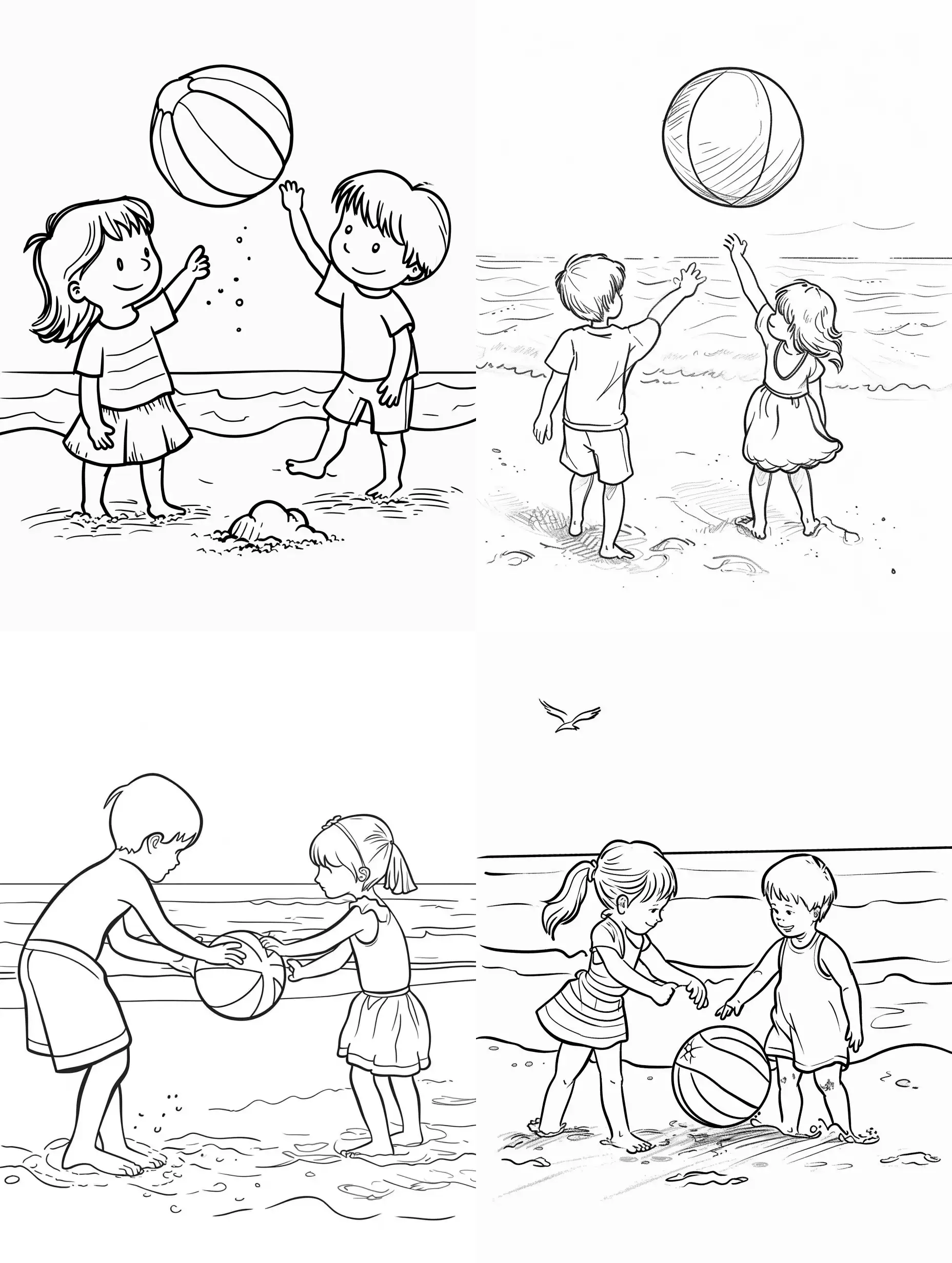 Make very simple outline drawing of Boy and girl playing beach ball on the beach