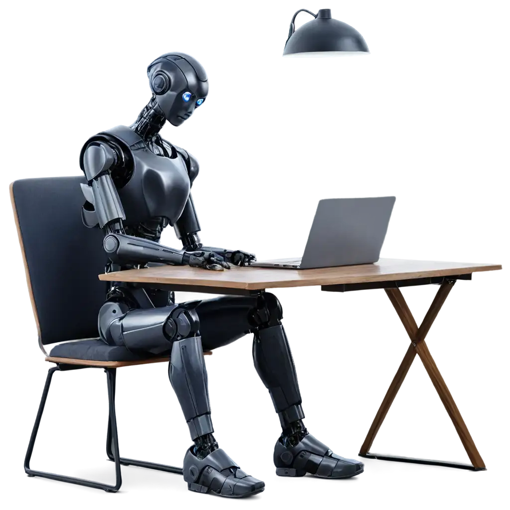 humanoid robot sitting at a wooden table with a laptop in a comfortable, modern office