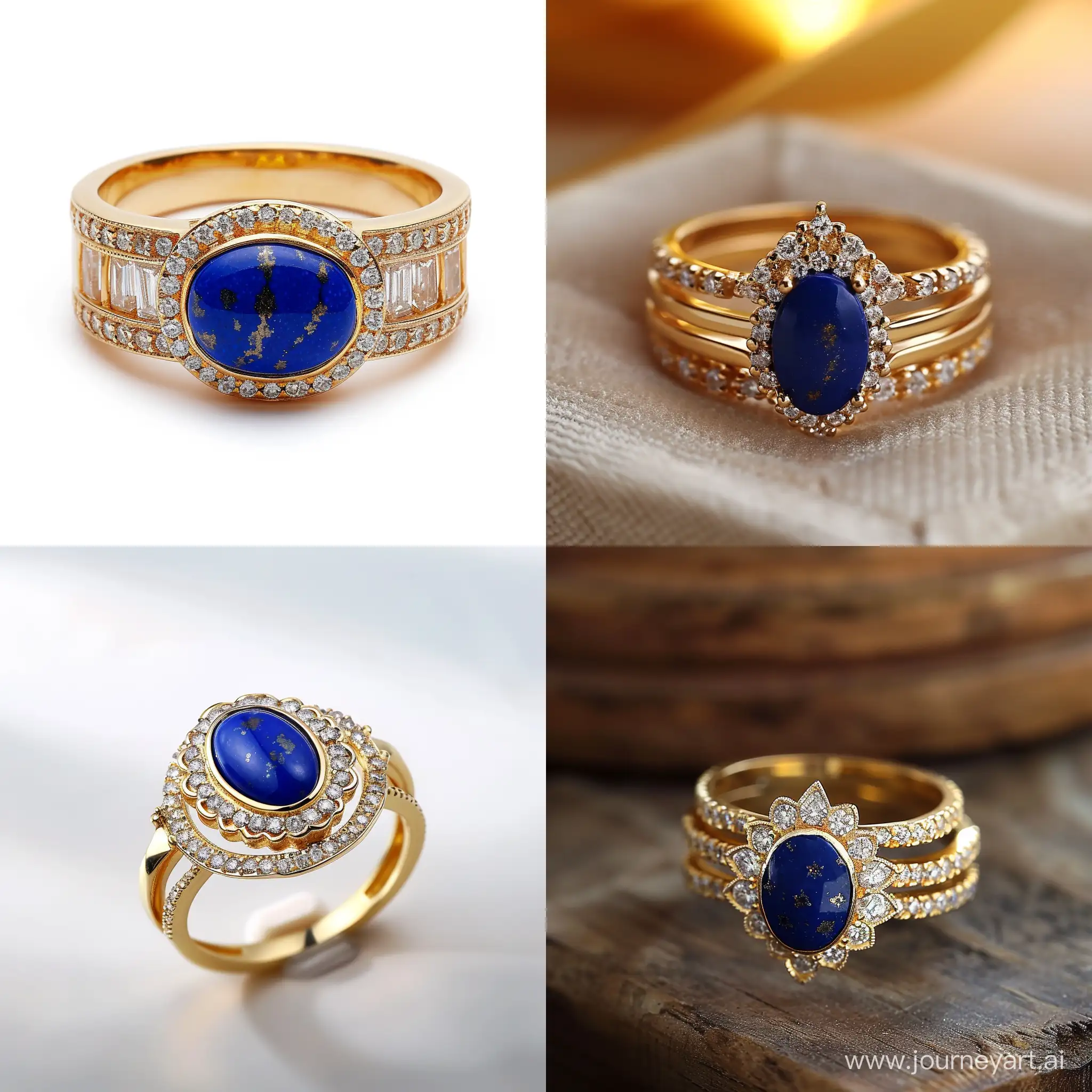 /imagine prompt gold ring with ovale cut lapis lazuli 2cm long and 1.5 cm wide and diamonds all around it art deco style set