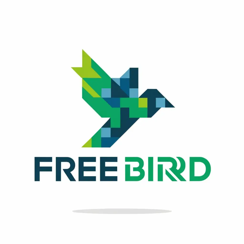 a logo design,with the text "Free Bird", main symbol:pixelated greenish bird flying up,Moderate,be used in Internet industry,clear background