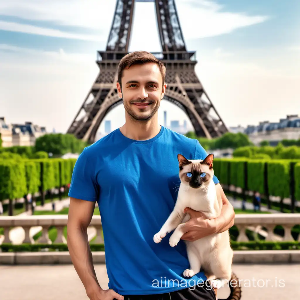 A handsome man, 30, European, sporting body, brown eyes, short hair, standing holding a Siamese cat, full body frame, wearing a blue T-shirt and black shorts, smiling, standing in the park in front of the Eiffel Tower in Paris. Russian style, detailed photo, 8k