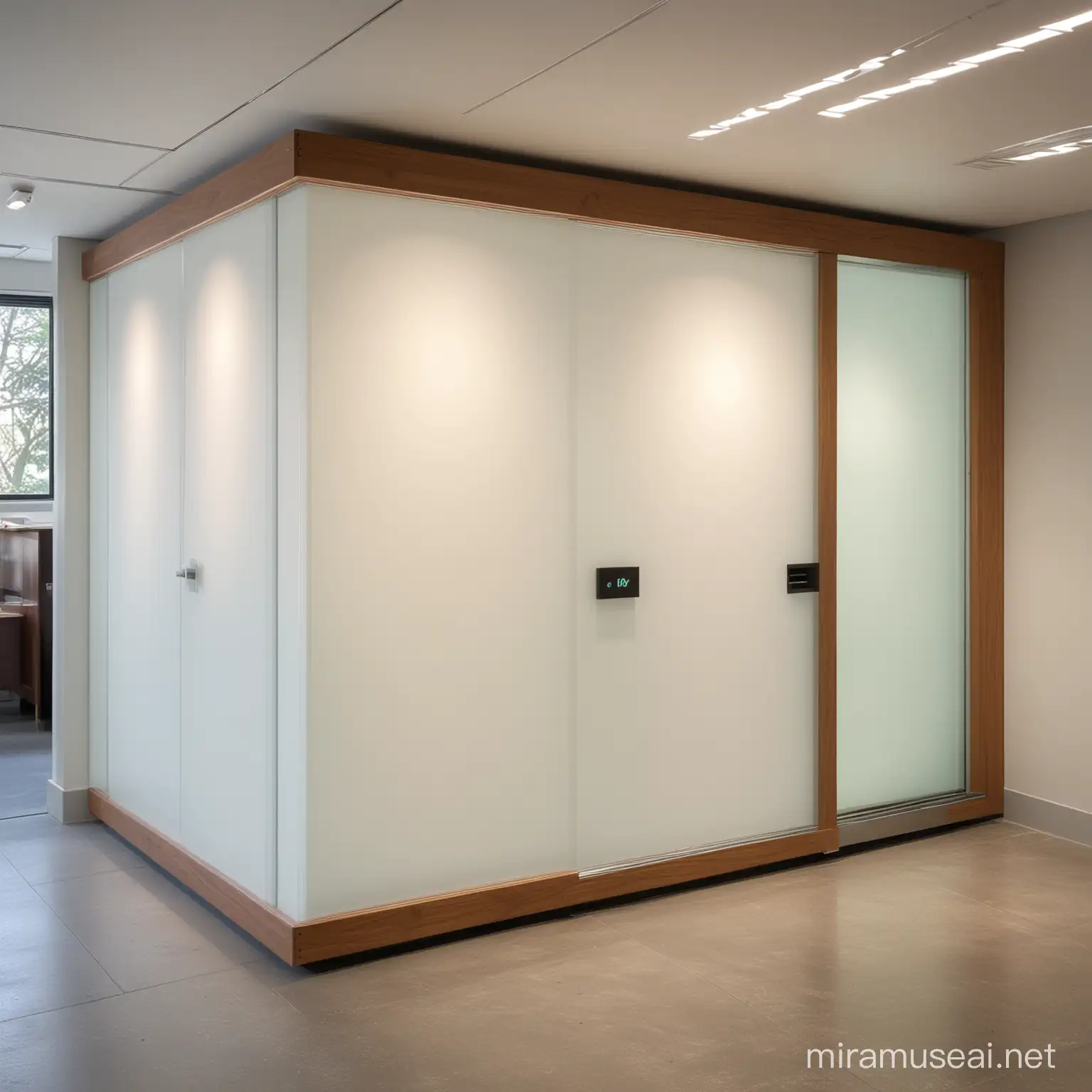 A nap box for employees with a 3x3 floor plane, Soundproofed, an entrance with glass sliding door, in a Mid-Century design style, lighted by led panels and a Touchscreen control panel. Frosted glass walls.