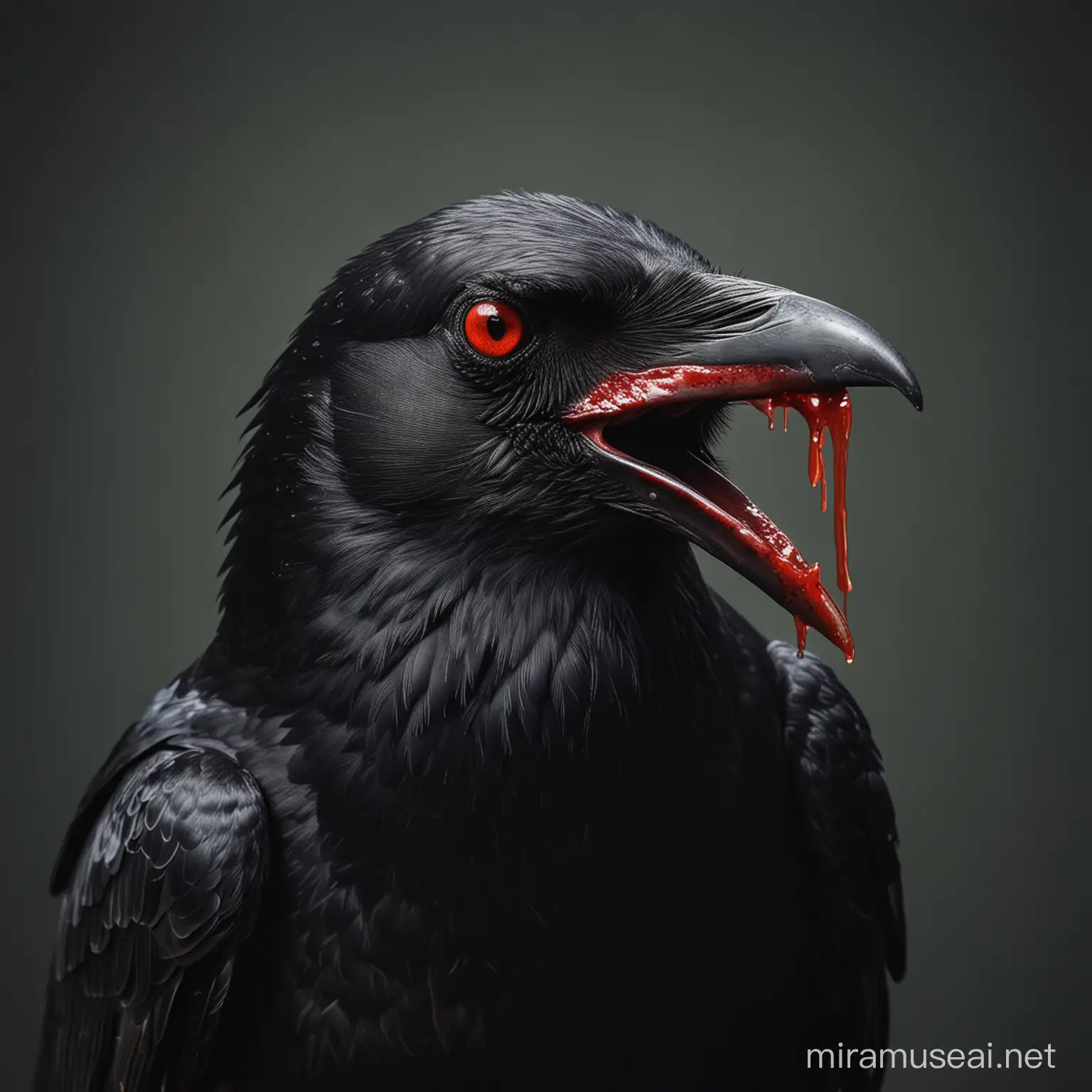 Quero uma imagem de um corvo com olhos vermelhos e sangue escorrendo do bico, luz dramática e fundo simples