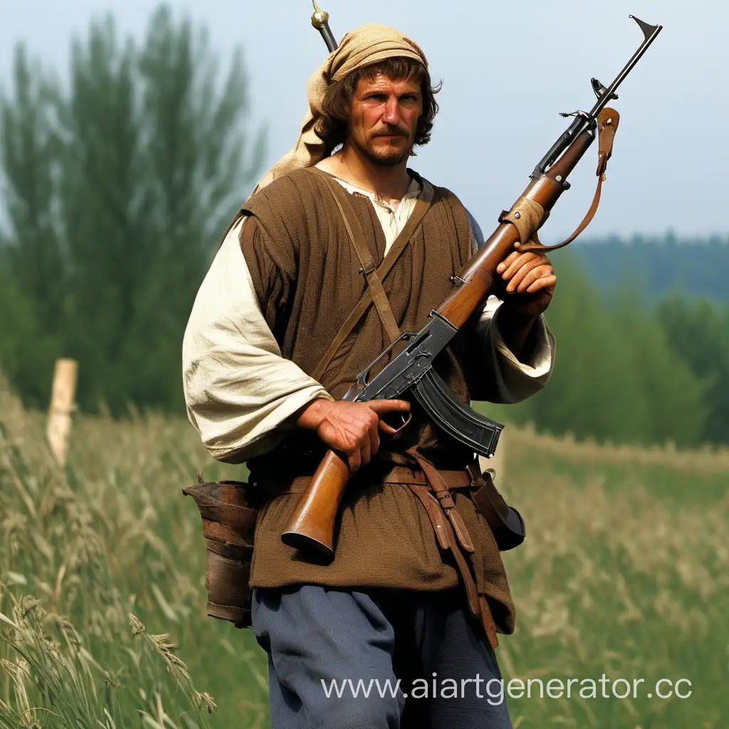 Средневековый крестьянин с AK-47 в руках