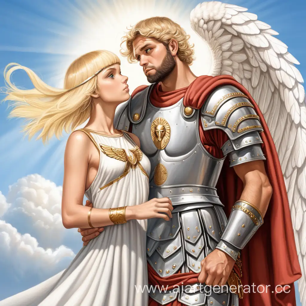 Ангел-мужчина с короткой бородой и в римских доспехах и ангел-девушка-блондинка с карэ и платье. На фоне небес.