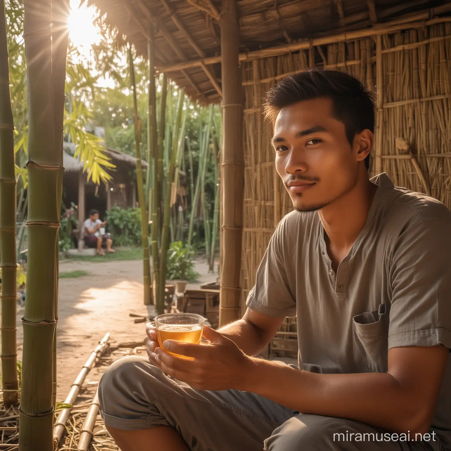Seorang pria muda, ganteng, wajah indonesia, duduk di warung bambu sambil minum teh hangat di dalam gelas bening , baiground warung bambu suasana pasar, langit cerah terik matahari 