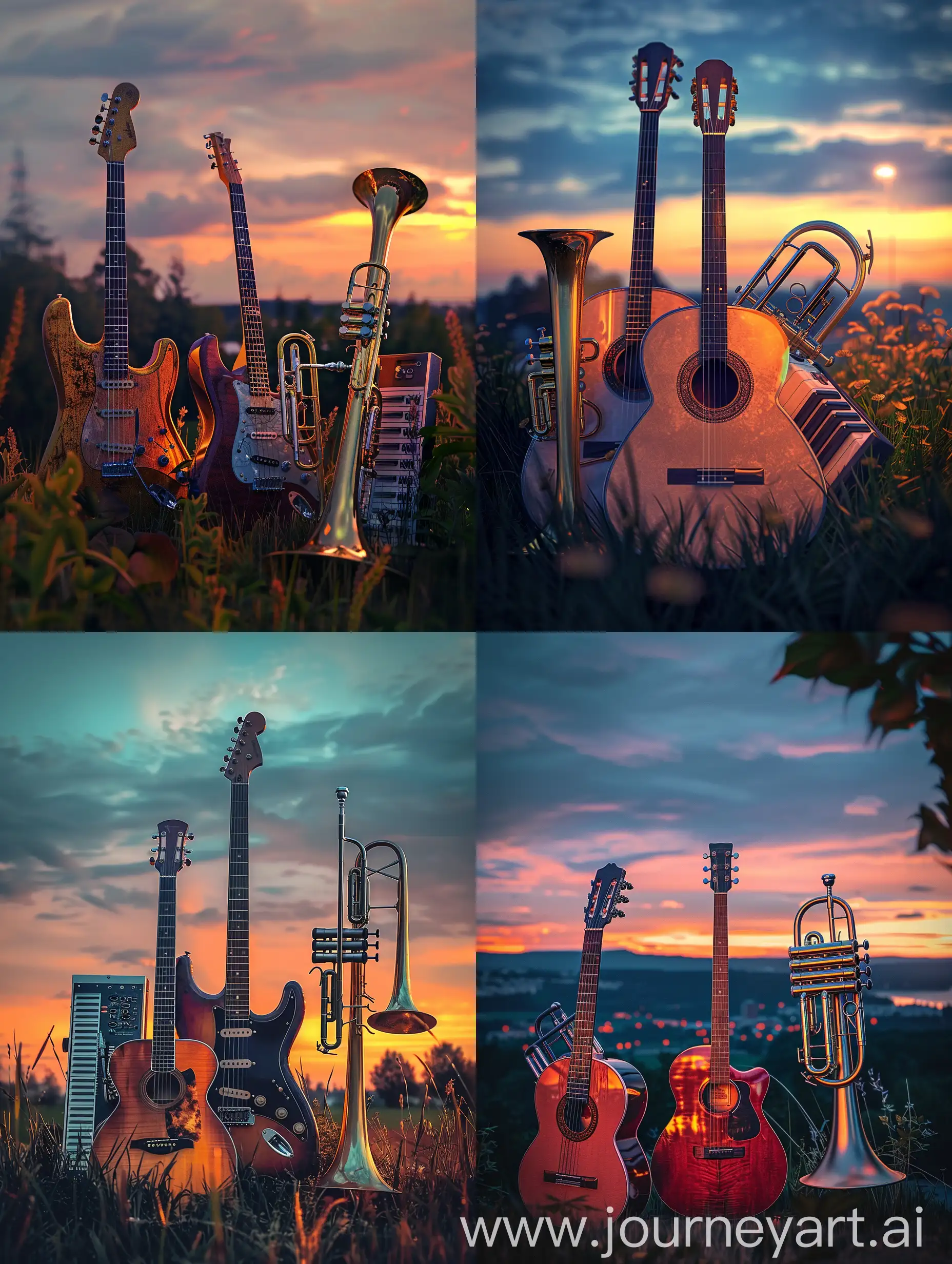 Create a realistic image of 1 guitar, 1 synthesizer, 1 trumpet and 1 trombone standing together against the backdrop of a summer evening. Make it look like a cool concert poster