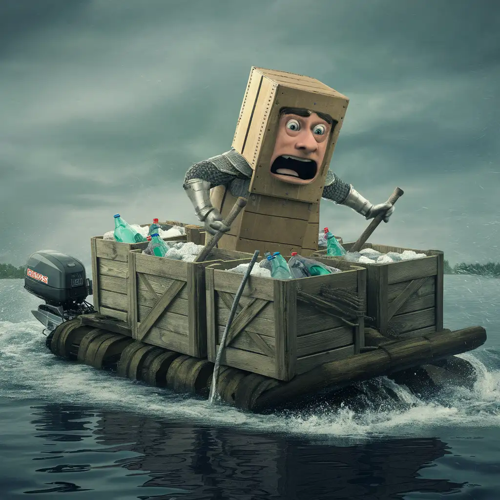 Brave Knight Crossing Lake on Cardboard Raft with Motor