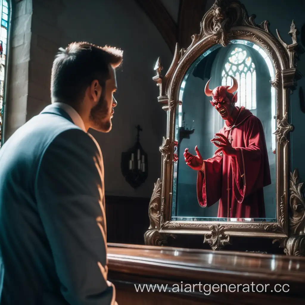мужчина смотрит в зеркало в церкви и видит там дьявола