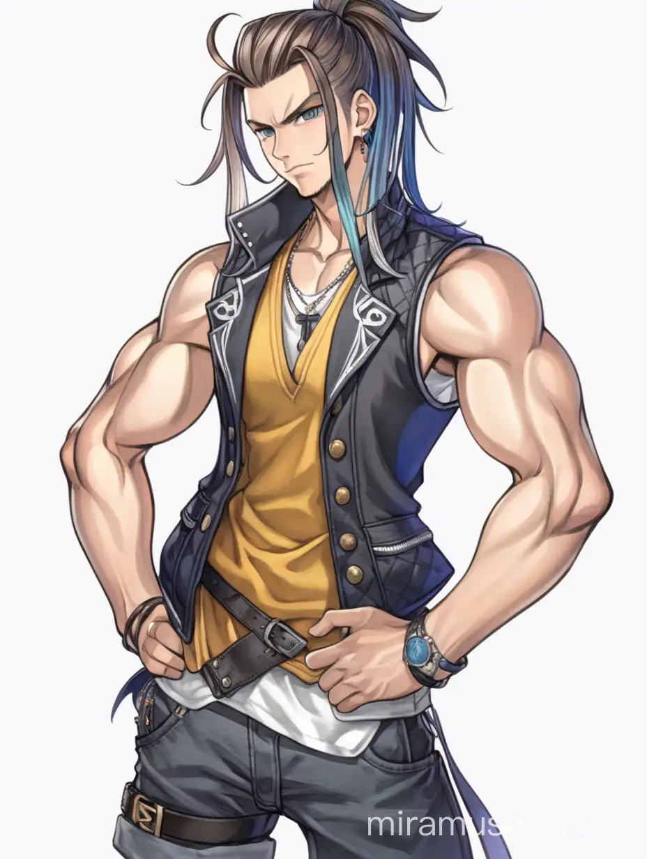 jrpg, young adult guy, man bun hair, vest, punk, smug, confident, muscular, lean, fantasy, another eden, full body, waist up fully in view, portrait, no background, facing slightly to the side, staring at the camera