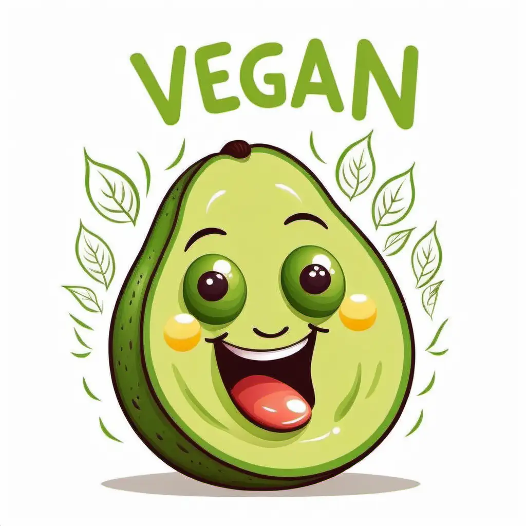 cartoon avodaco with smiley face and text saying VEGAN white background