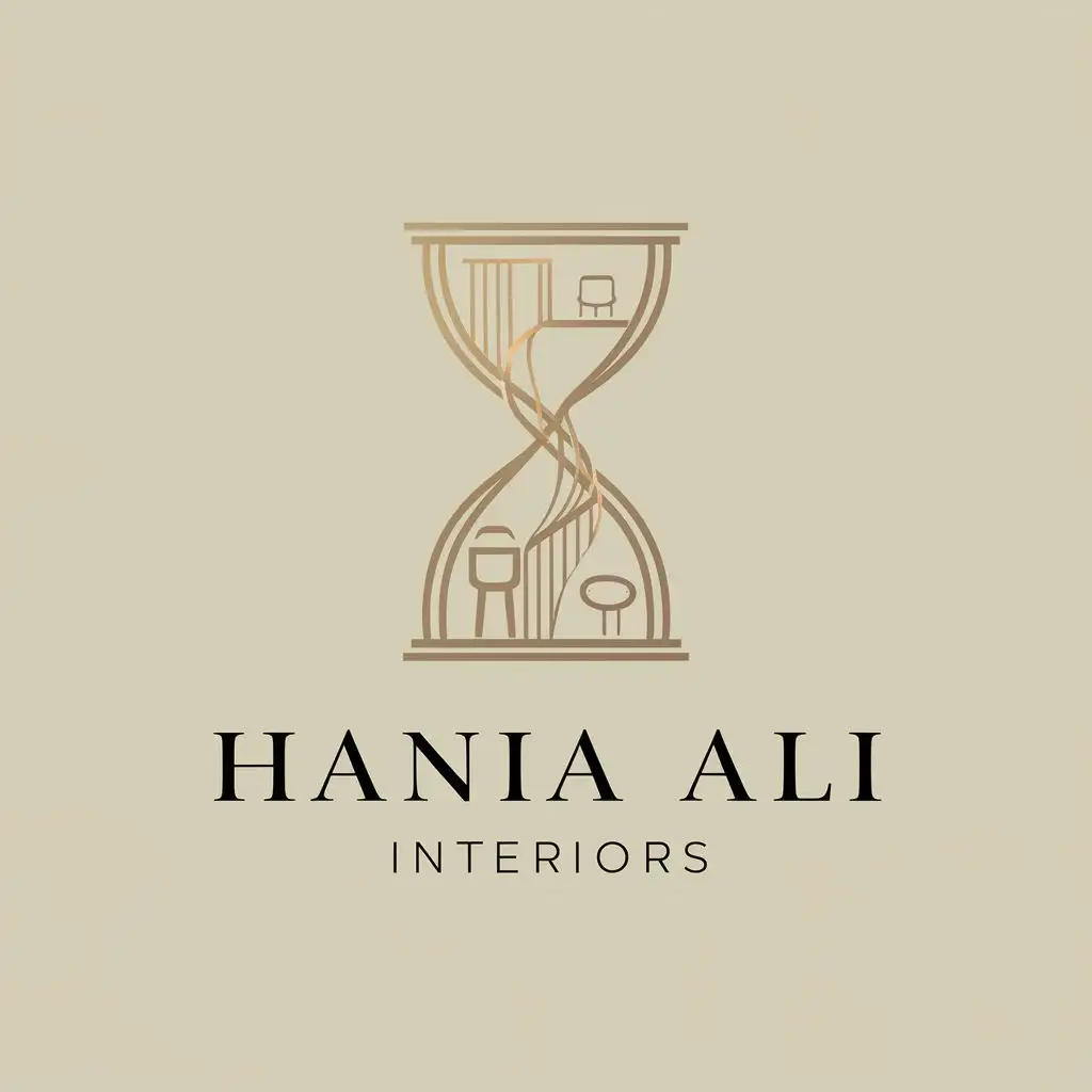 logo, The logo features an elegant, abstract hourglass icon formed by intertwining lines, representing the timeless nature of interior design. Within the hourglass, subtle design elements like furnitures  are incorporated, symbolizing the firm's expertise in creating harmonious spaces. The color palette consists of muted tones with accents of gold or bronze, radiating warmth and sophistication., with the text "Hania Ali Interiors ", typography