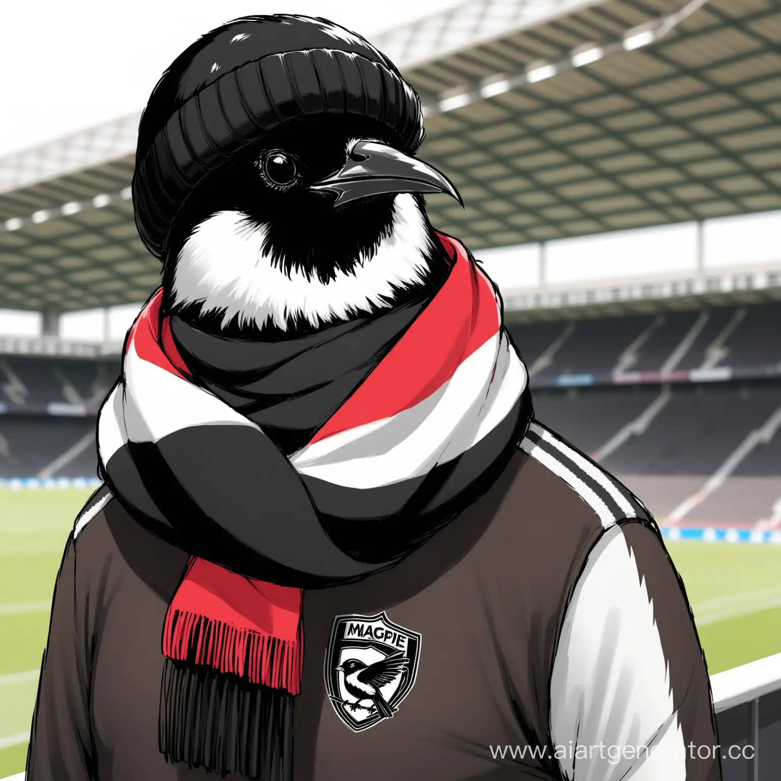 Magpie-Football-Fan-in-Red-and-Black-Scarf