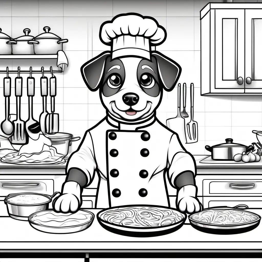/imagine a cute dog chef, preparing lasagna, with kitchen in the background - for coloring book with black and white color,  crisp lines and white background--ar 17:22 