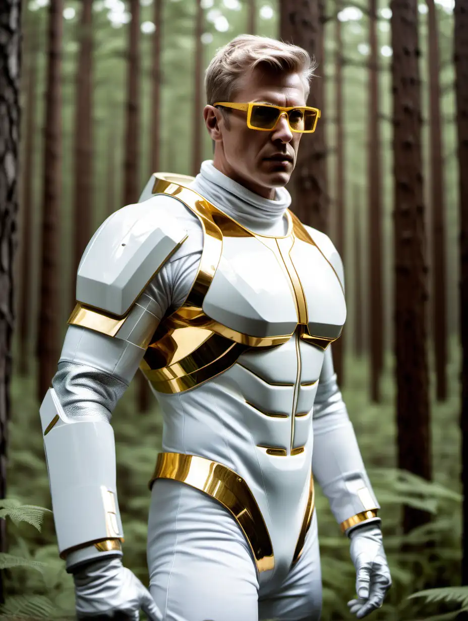 tall man, dark blond with short hair, muscular, in a white space suit, gold glasses, square face. In action. Forest.