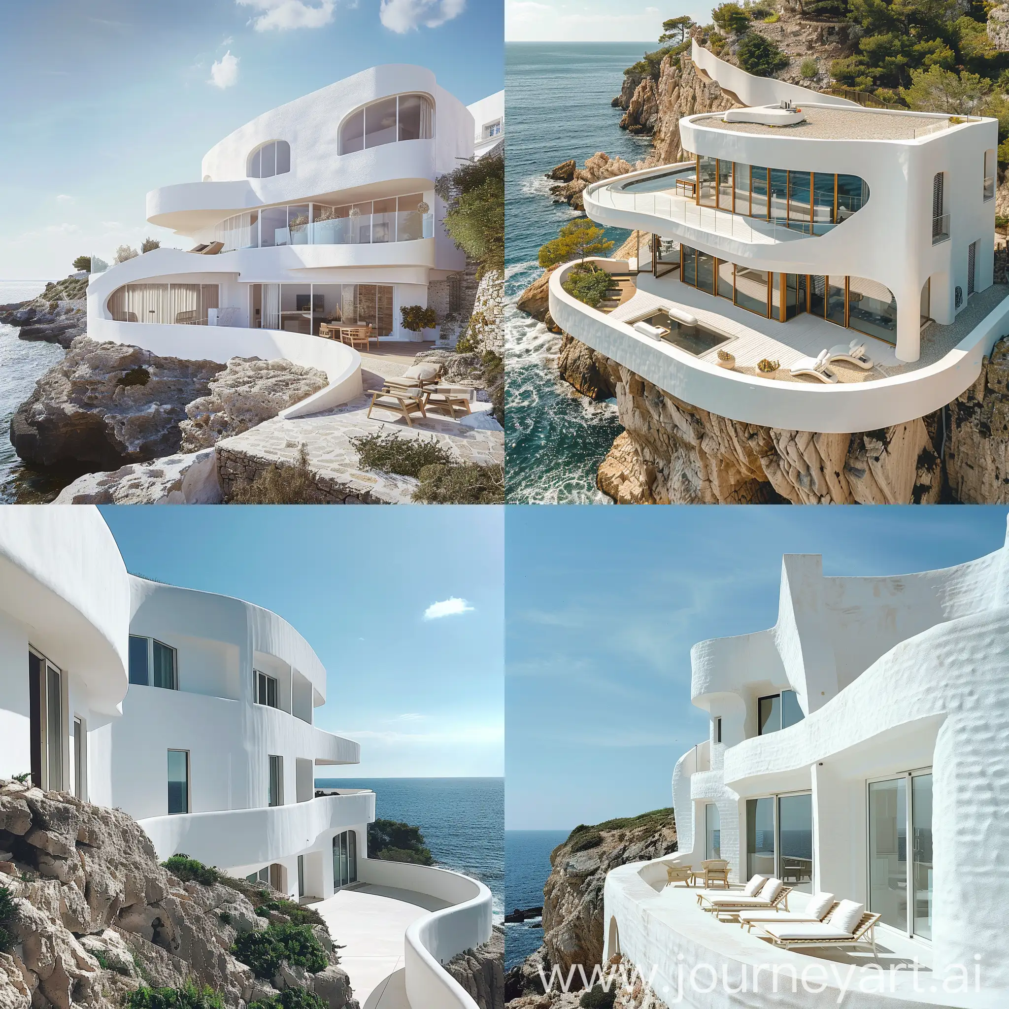 Big white curved villa, on the cliff, with sunny weather, real photo