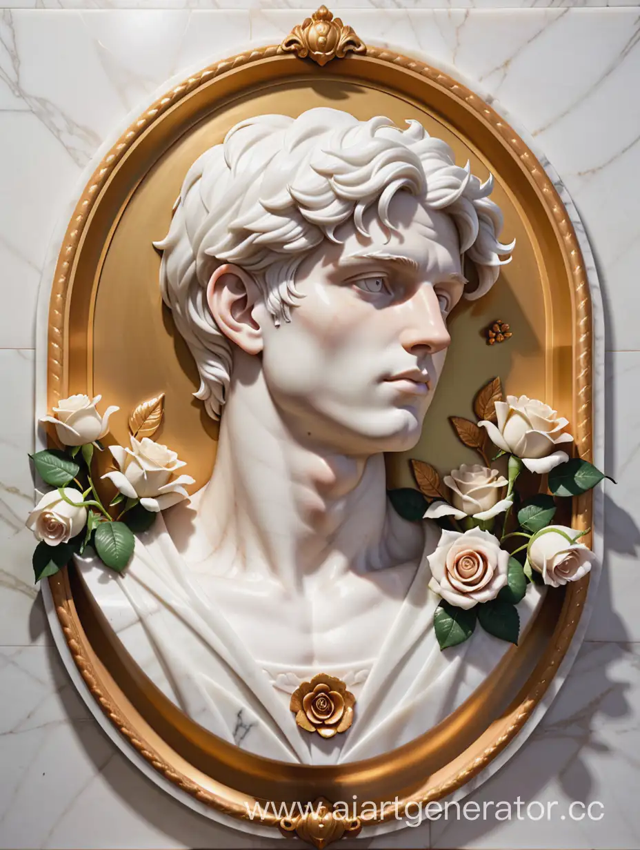 white marble basrelief of half height young man in roses flowers gold elements