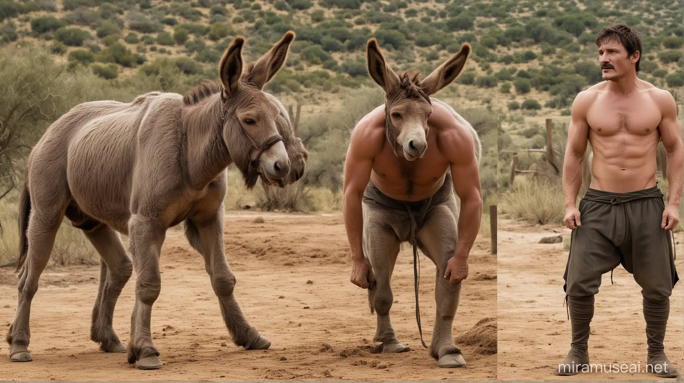 Pedro Pascal on all fours transforming into a donkey. He has donkey ears. He has donkey legs. He has donkey hooves. He has a donkey tail. He has a complete donkey body. And he's braying like a donkey. But his head is human.