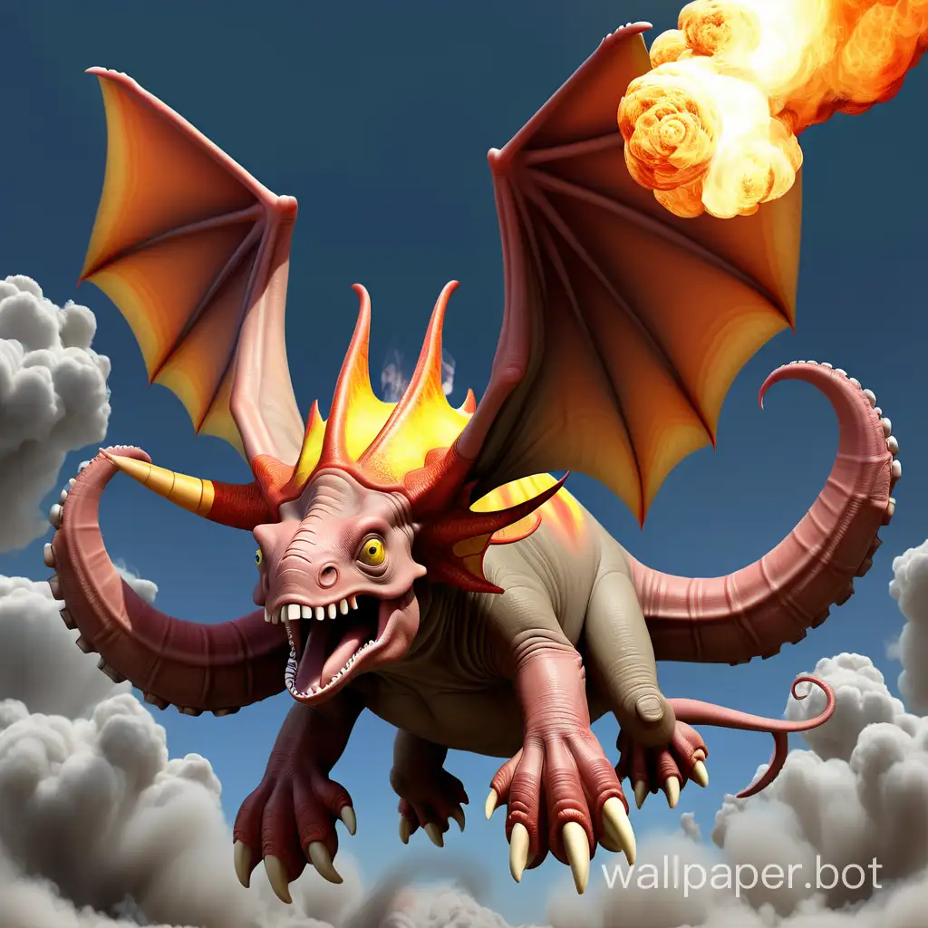 A flying, hybrid triceratops octopus elephant dragon breathing out fire
