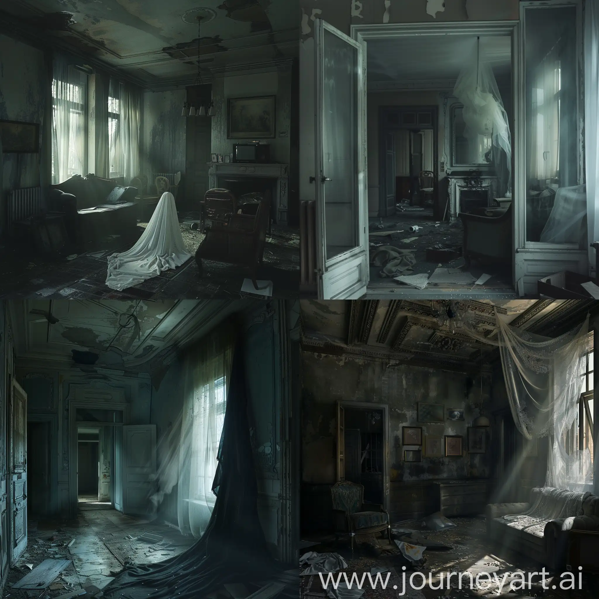 an abandoned apartment, Ghost, Dark Atmosphere, Dark Fantasy