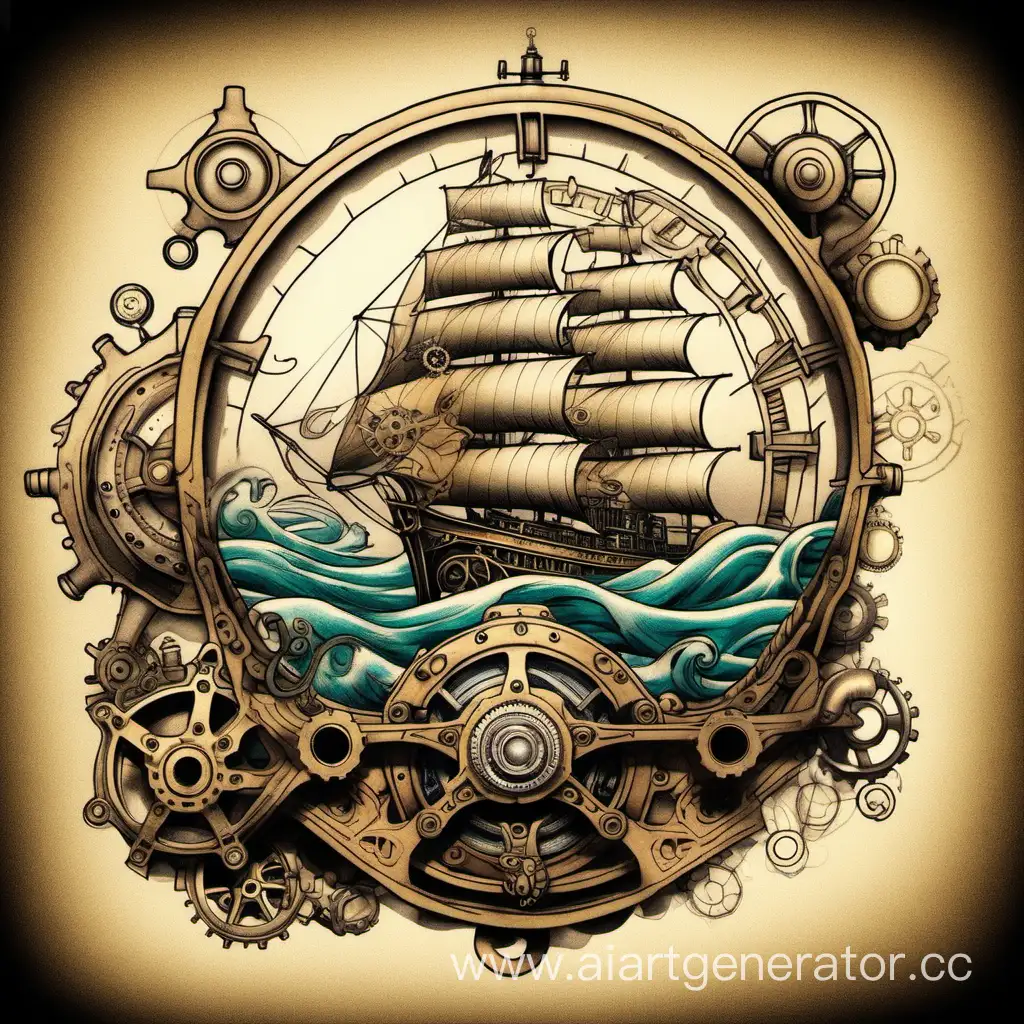 Сгенерируй эскиз тату используя элементы: Стимпанк, море, в поисках капитана немо, механик