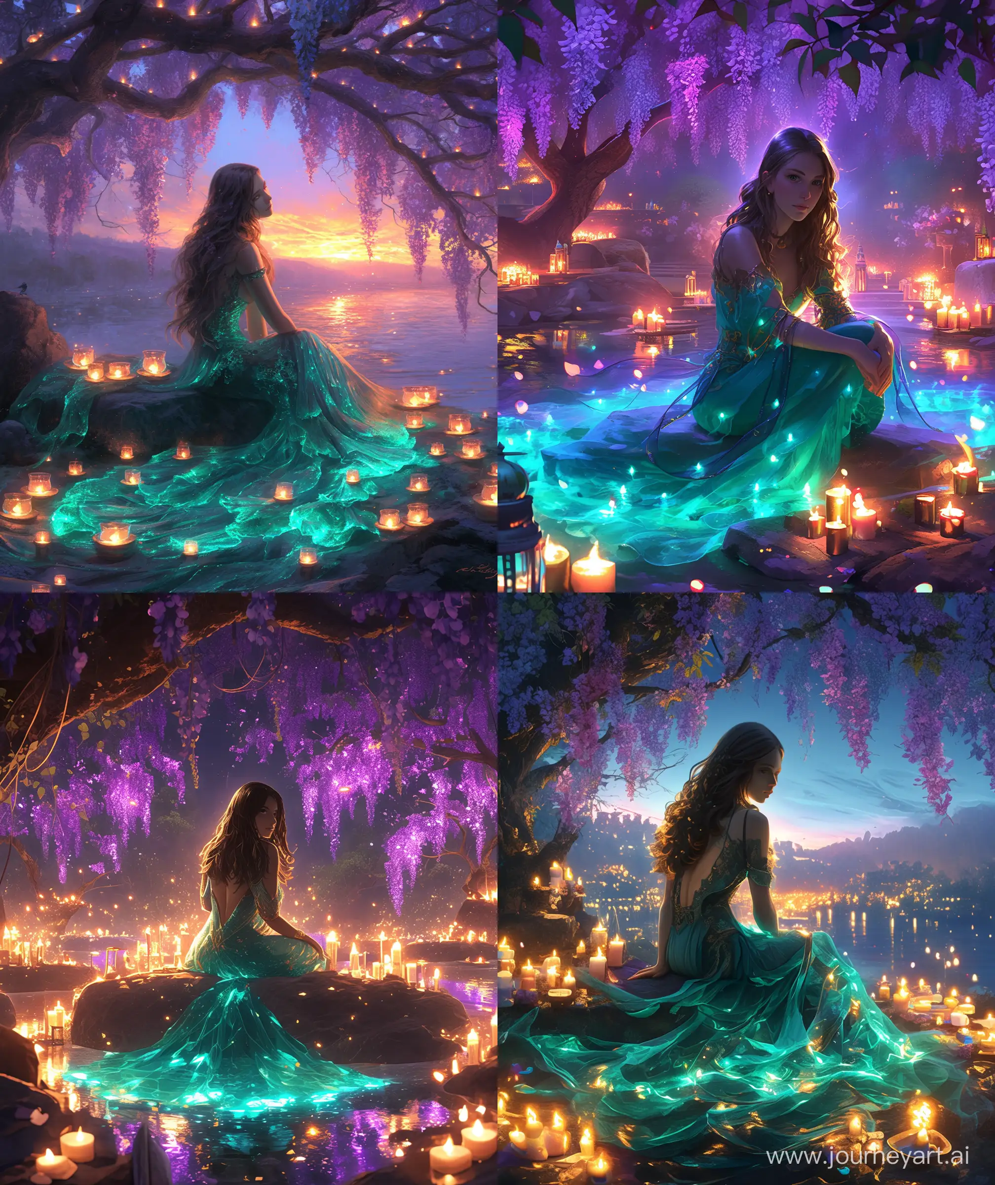 Beautiful woman , candle light, beautiful view, sitting on rock, many beautiful colourfull candle around , night, around purple wisteria tree, teal color glowing dress, upper body looking at viewer , ultra hd, High quality --ar 27:32 --niji 6