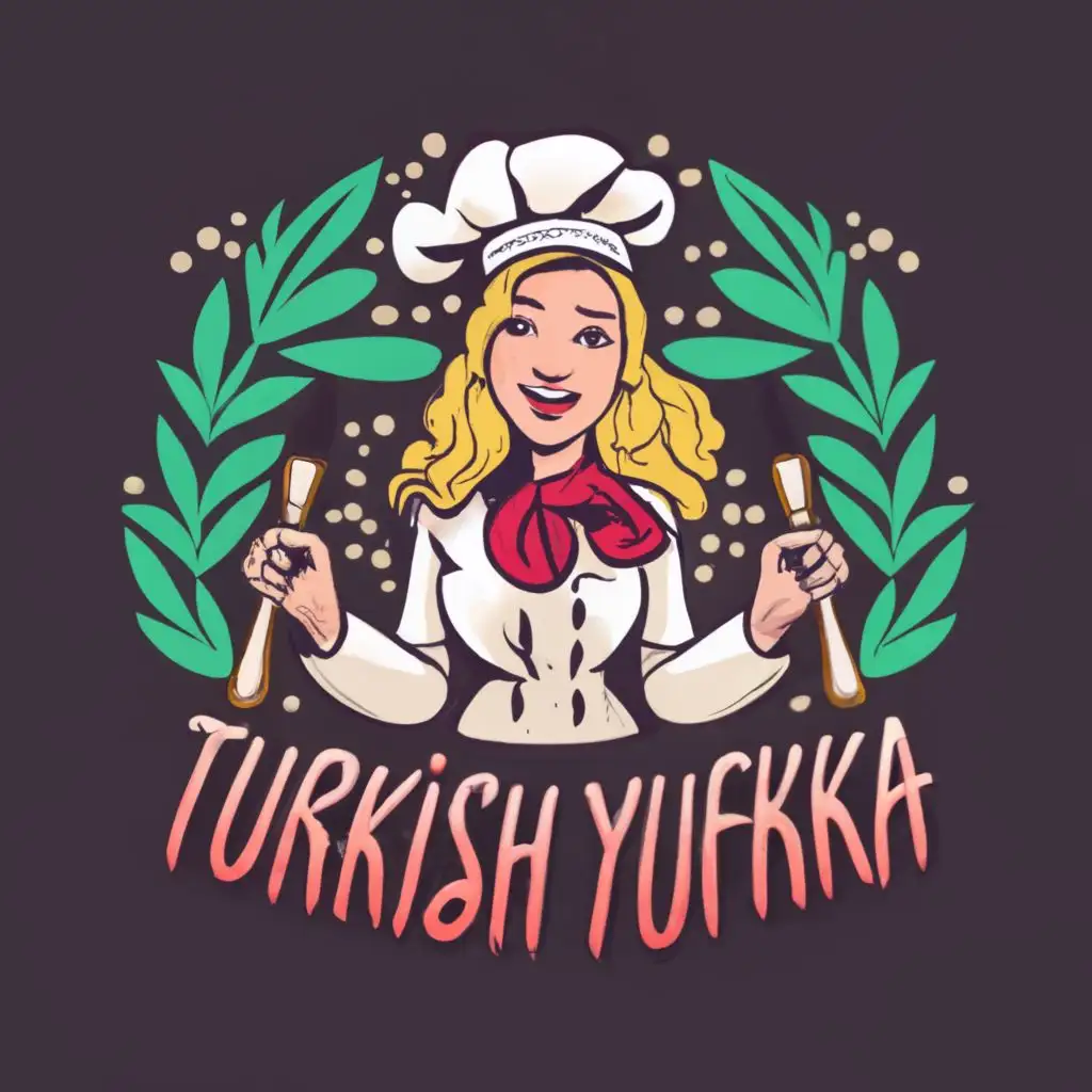 logo, A funny blonde girl chief with rolling pin and hat, with the text "Turkish Yufka Dubai", typography, be used in Restaurant industry