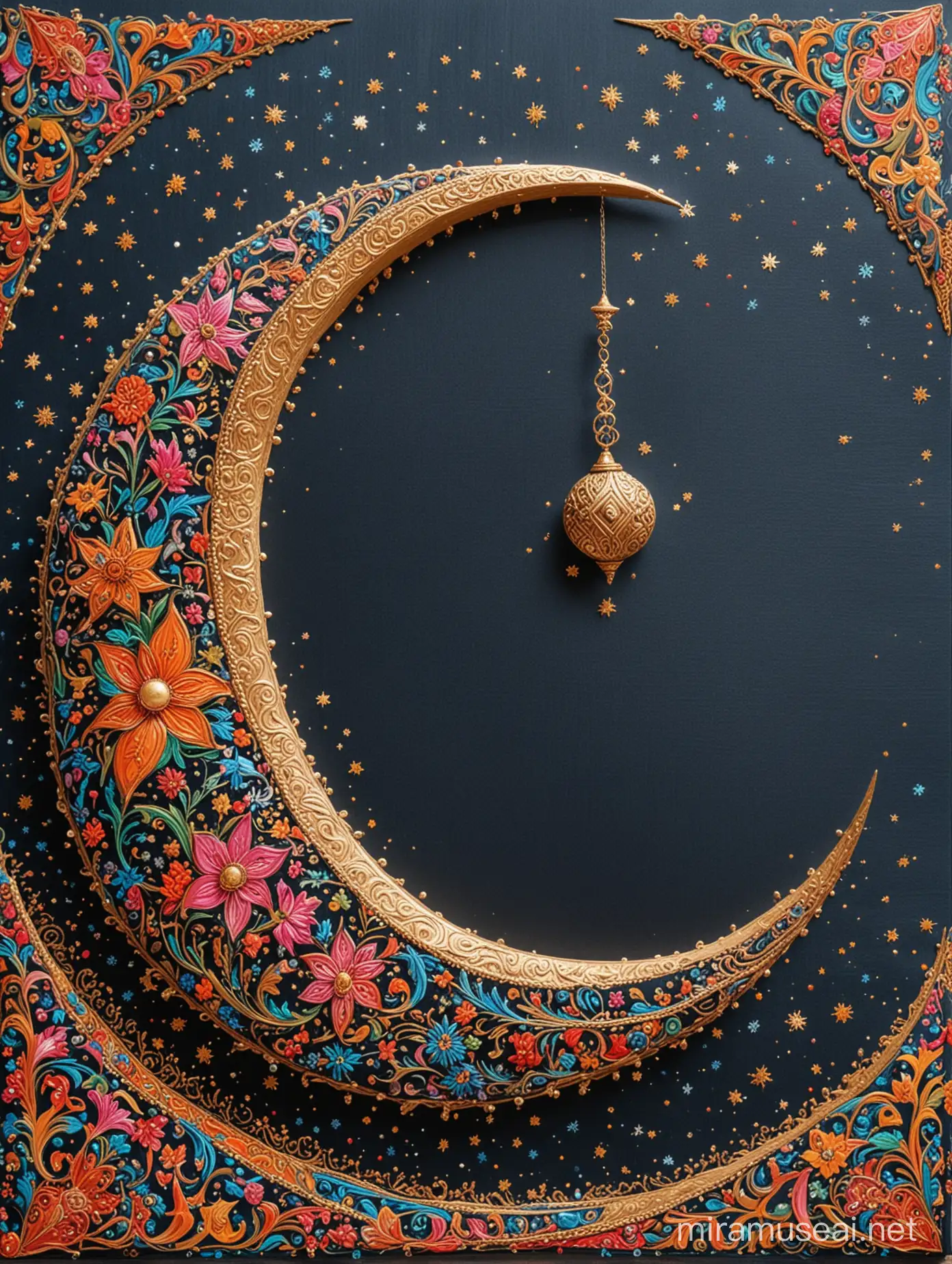  an intricate  and colourful painted crescent on a canvas for Eid greetings 