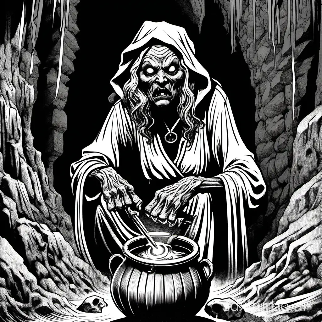 comic line art, a withered old night hag, black skin,  in a cave with a caldron, stormy night, exaggerated expression, half body, vintage black and white ink, 2bit vector, high contrast, heavy lines, loose thick lines, exaggerated visible crosshatching, black frame, lowres, abstract, very low detail, very simple and subdued background, fantasy, style of classic AD&D, by Jeff Dee, by Erol Otus, by Larry Elmore, by Jeff Easley,