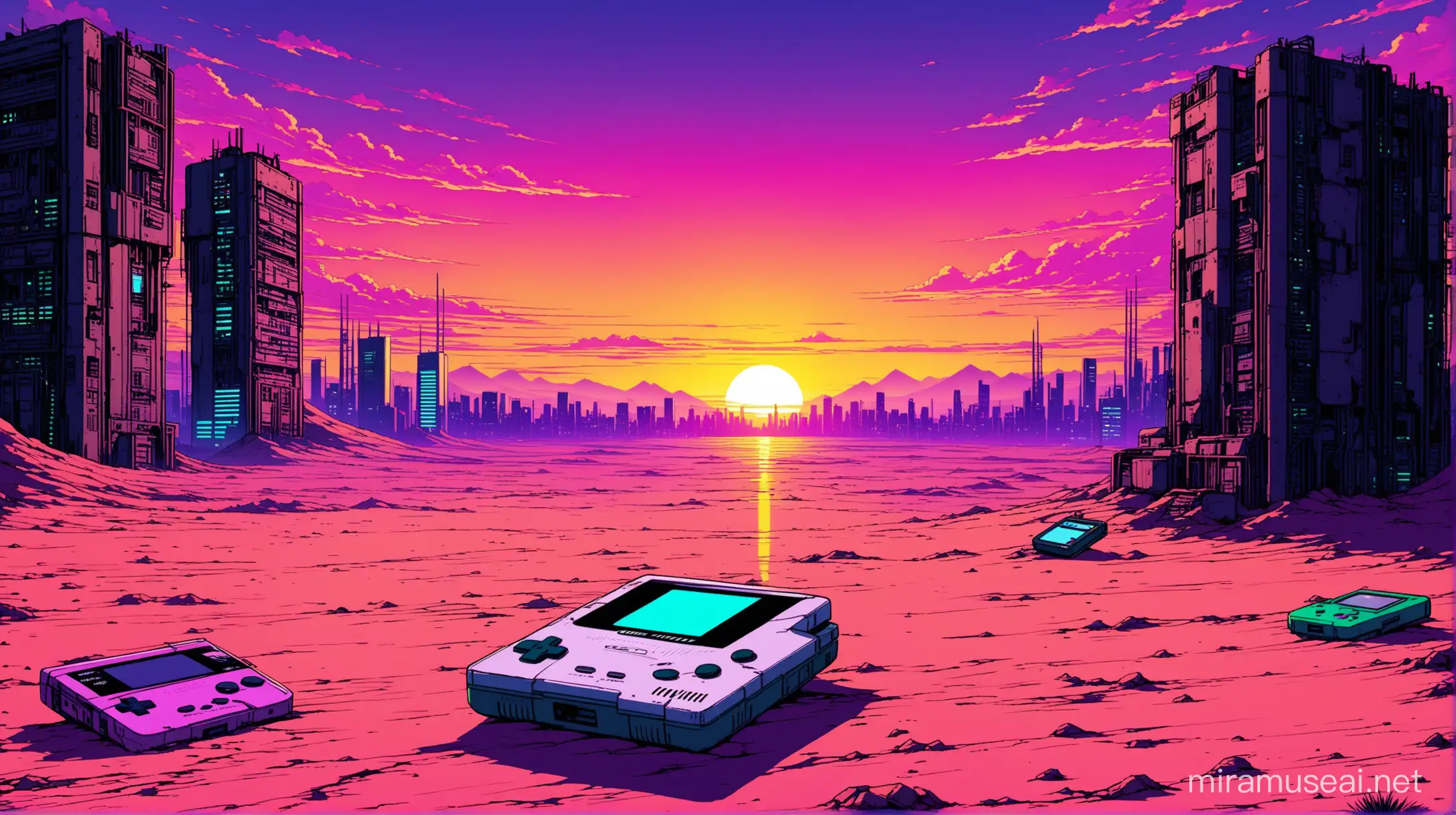 a gameboy lost in an abandonned desert, cyberpunk, akira, dystopian synthwave abandonned city, lot of colors, big and great sunset, abandonned broken computers