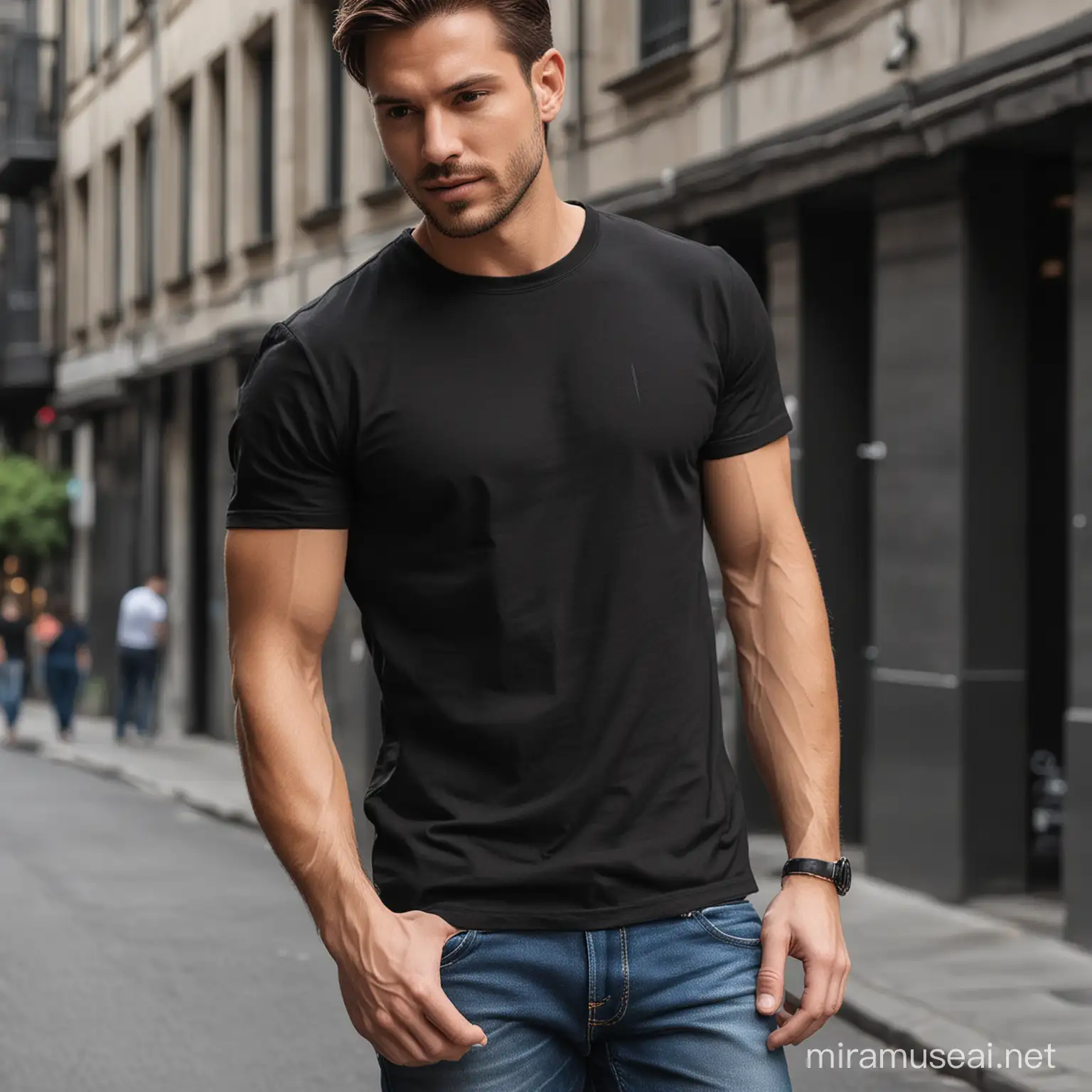 Men Wearing Casual Black TShirt and Jeans Exploring Urban Setting