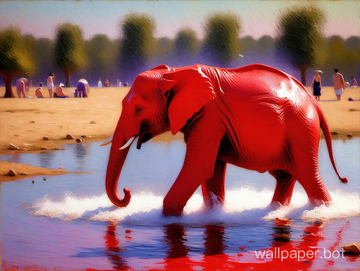 Impressionist-Painting-of-Red-Elephant-Bathing-in-Water