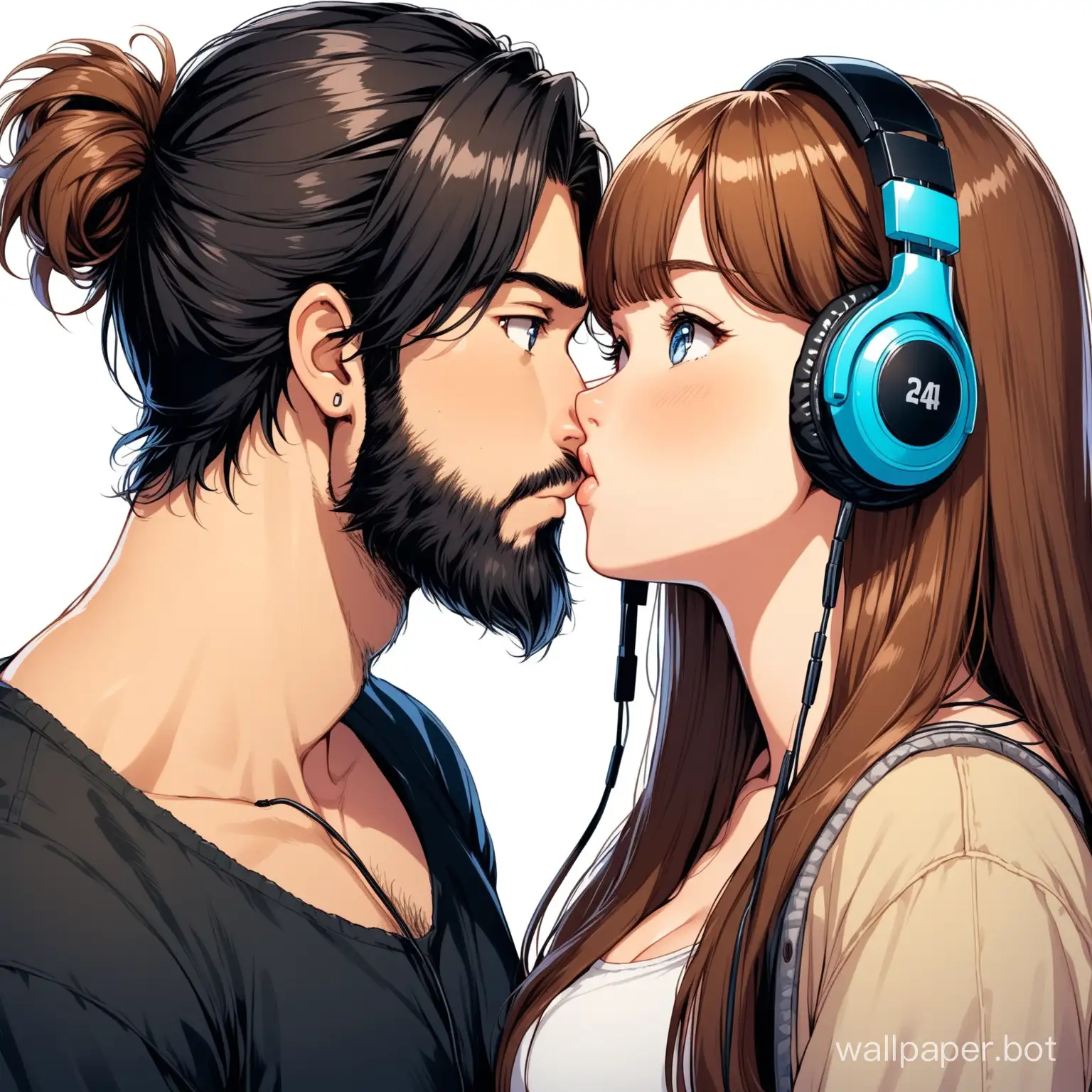 a chubby face with chubby cheeks cute 24 year old hippie girl blue eyes long brown hair with bangs kissing a 24 year old handsome male with black hair in a manbun and a scruffy black colored beard with his hazel eyes while having headphones on
