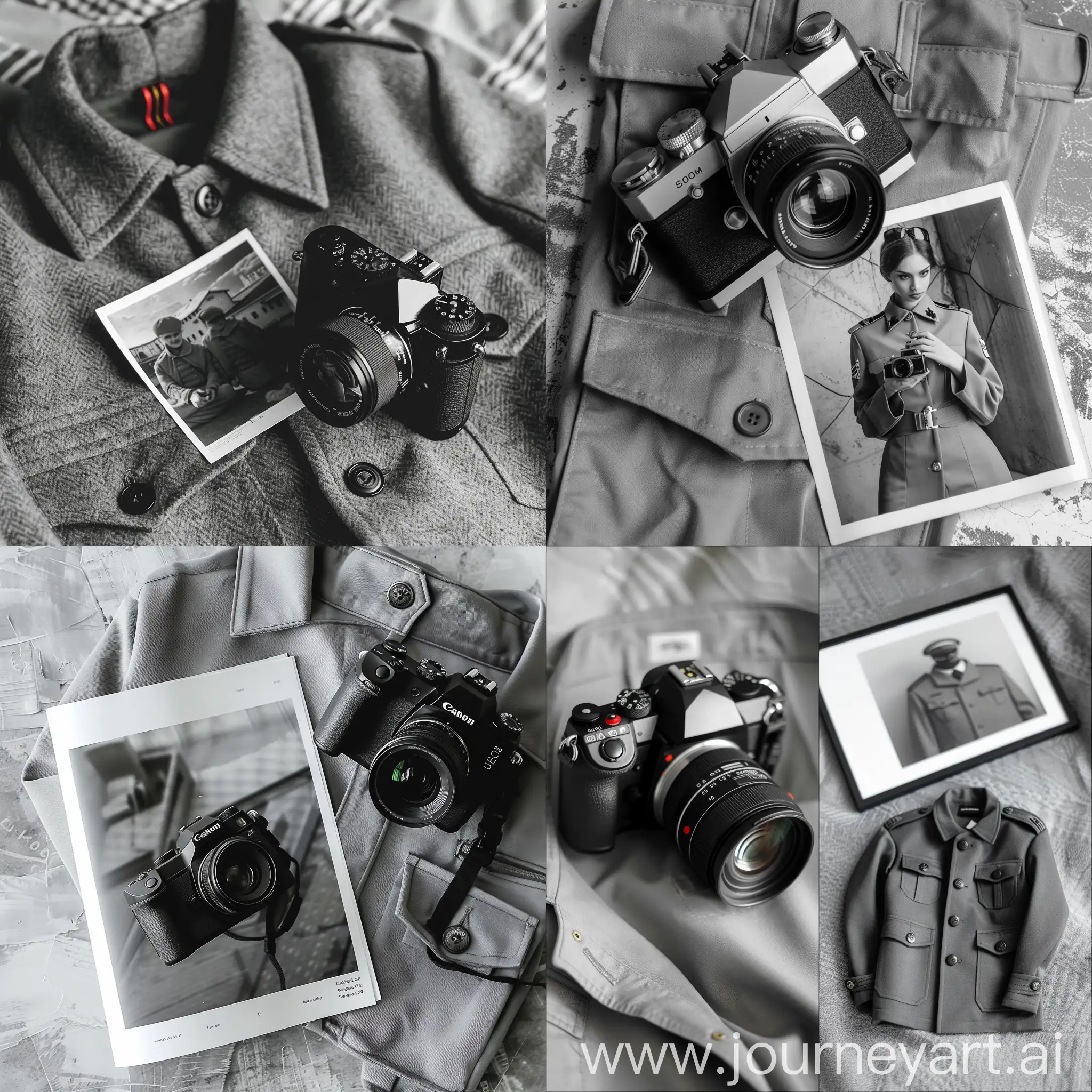 digital camera and photo, stylish black and white magazine photo, gray uniform background