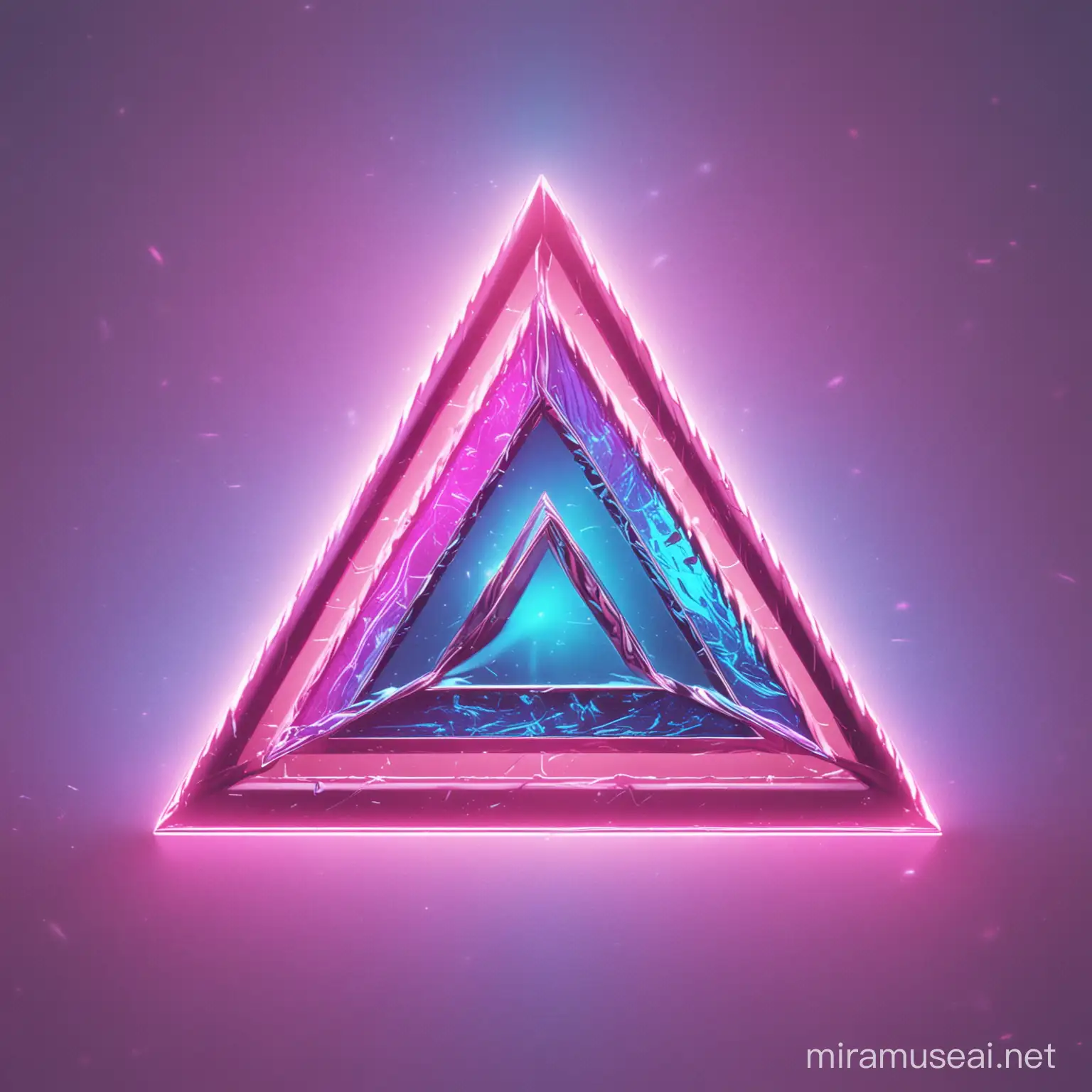 Tringle logo in vaporwave style. The triangle is pink and chrome. Pink and blue lights around. The logo is shiny.