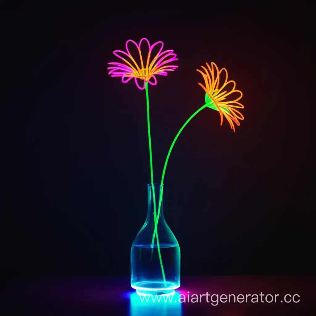 Neon glowing flower in vase, dark room