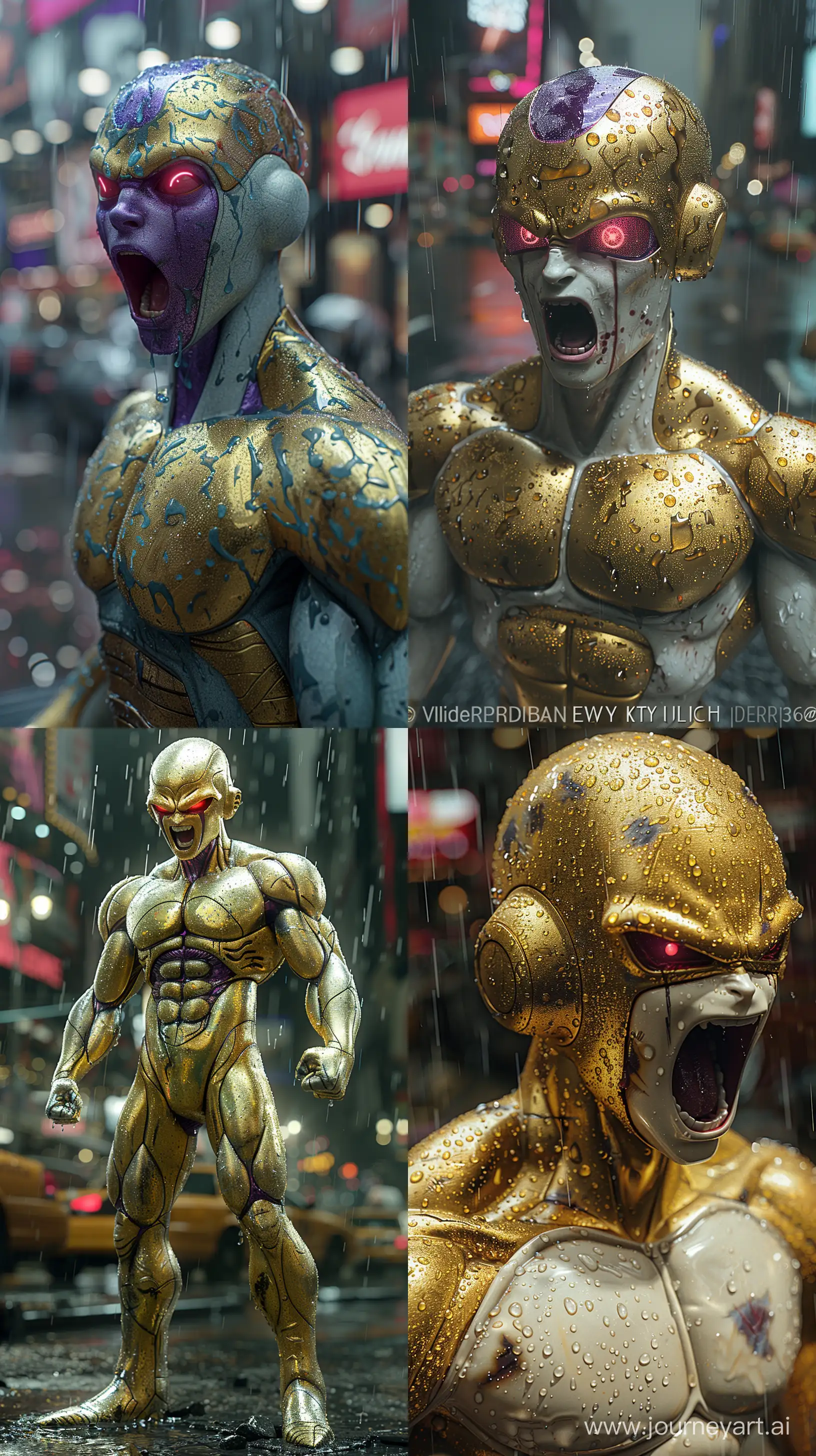 full body reimagined Frieza with body cover with metallic sleek gold as as real character in live film, detailed newyork city street, super detail VIVID HDR 8K ULTRA HD, attack pose, open mouth, glowing red eyes, rain environment, wet glossy body., realistic perspective, , surrealistic realism, emotive realism, soggy, eerily realistic --ar 9:16 --stylize 750 --v 6.0